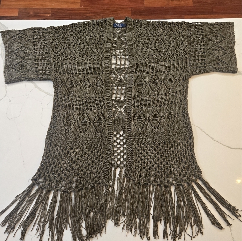 Ralph Lauren Linen Fringe Crochet Macrame Cardigan Sweater Fairycore Medium